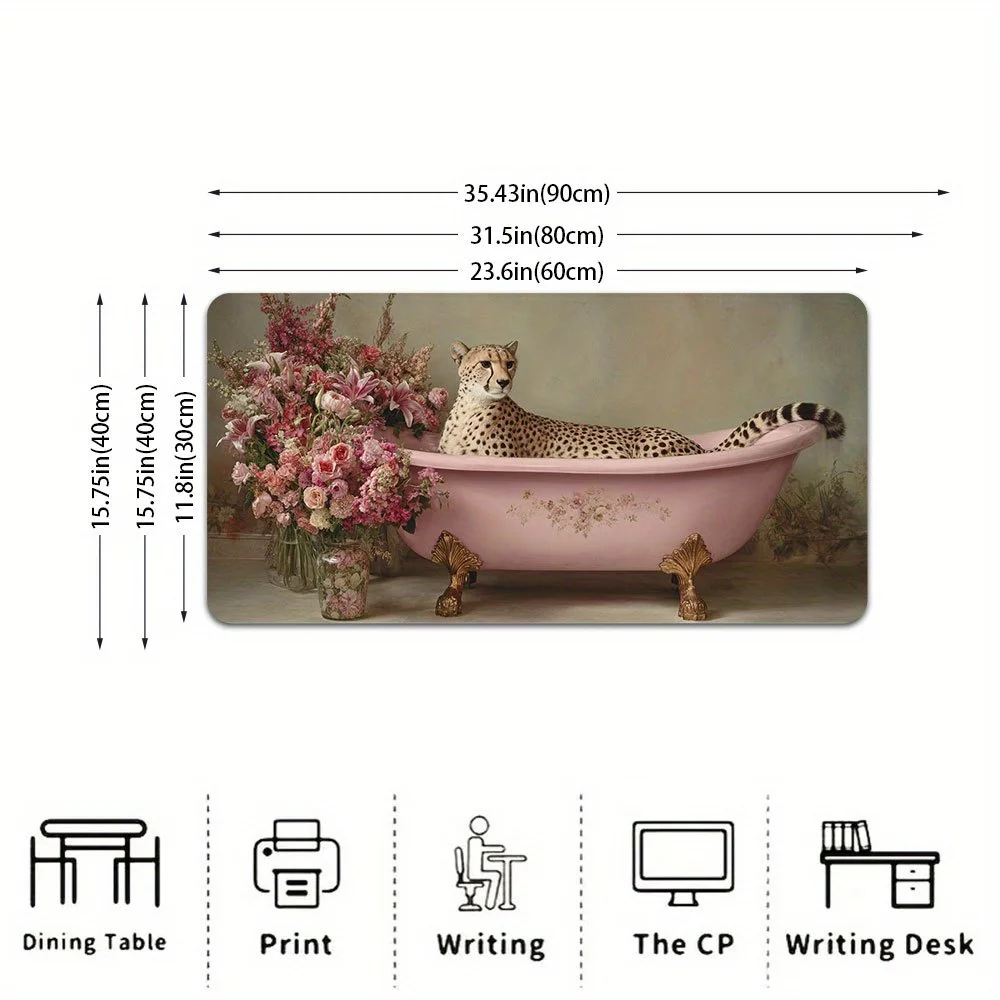 Vintage Cheetah in Bathtub with Flowers Extended Gaming Mouse Pad Large Non-Slip Desk Mat