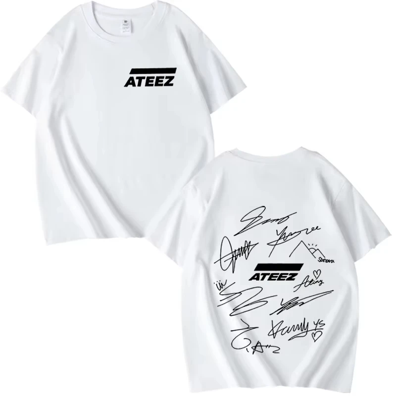 ATEEZ World Tour with Band Member Signatures & Geometric Back Print T Shirt Men Women Summer Unisex Tops Ladies Clothes T-shirts