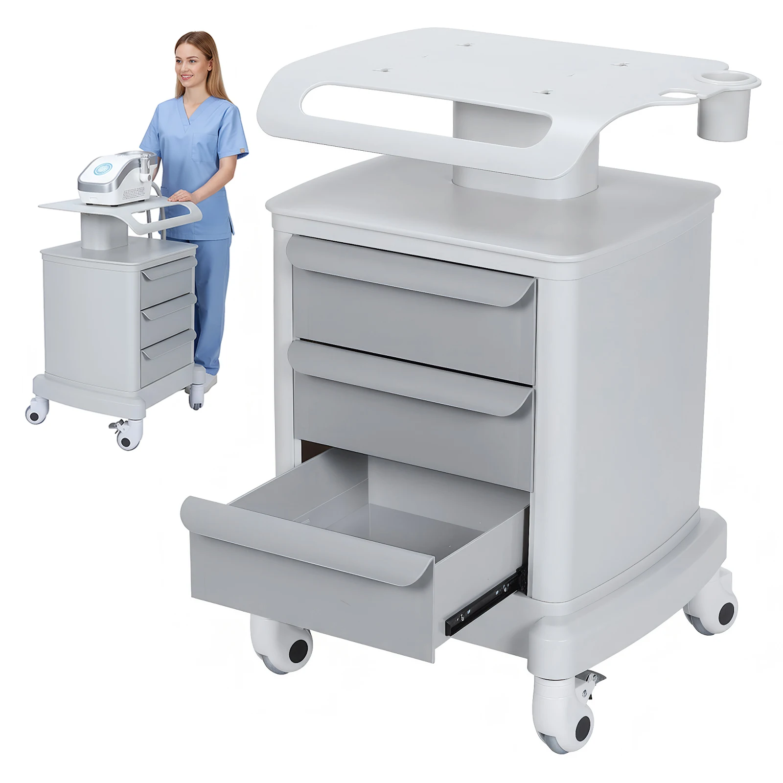 

Мобильная ультразвуковая тележка-органайзер на колесах с 3 ящиками для больниц, стоматологических клиник, салонов красоты