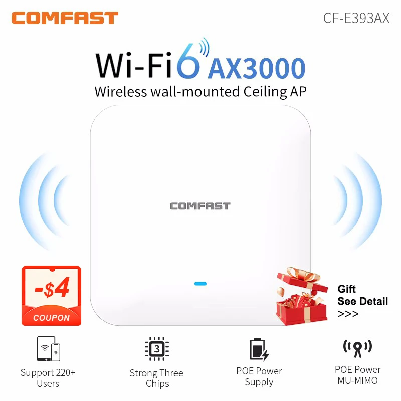 

Comfast CF-E393AX 3000Mbps Gigabit WiFi 6 Wireless Ceiling AP Dual Band 2.4G+5Ghz 802.11AX Wifi 6 Access Point Router Booster AP