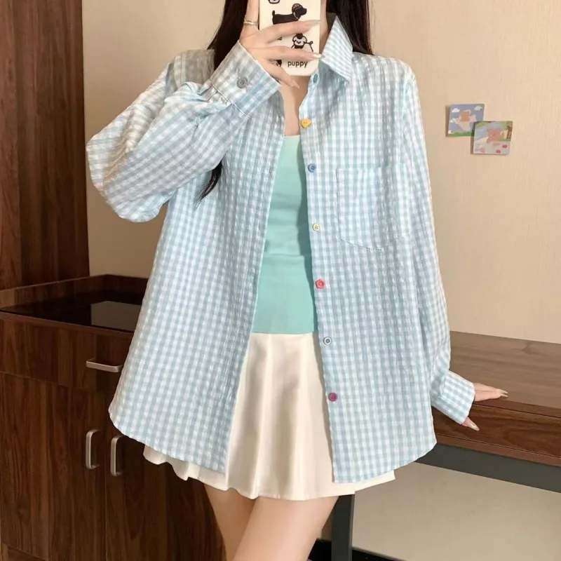 

Корейская клетчатая солнцезащитная рубашка для женщин, весна-лето, кардиган с воротником-поло, рубашка с длинными рукавами, тонкий топ