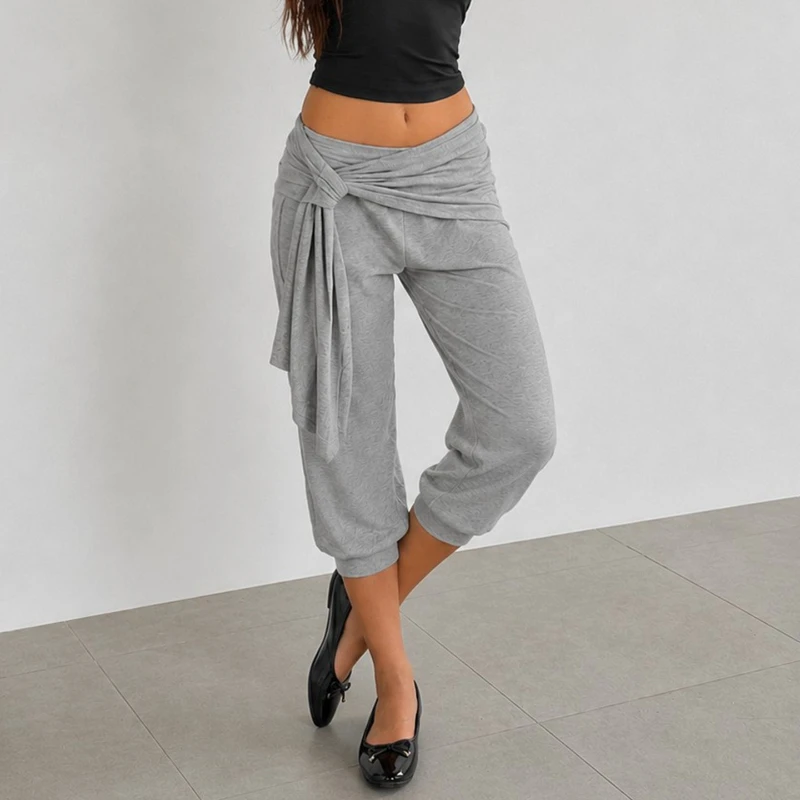 Typhaland Stylish Cropped Trousers Women Street Lace Up Wrinkled Low-Rise Solid Versatile Casual Trousers Summer Commuting Pants