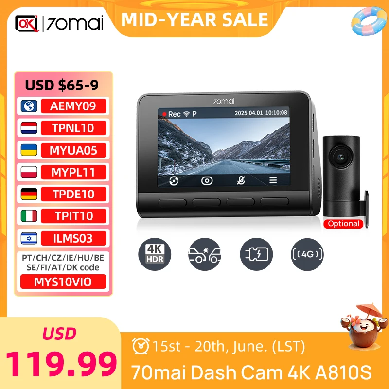70mai Ultra HD 4K Dash Cam A810 & A810S Global Built-in GPS ADAS
