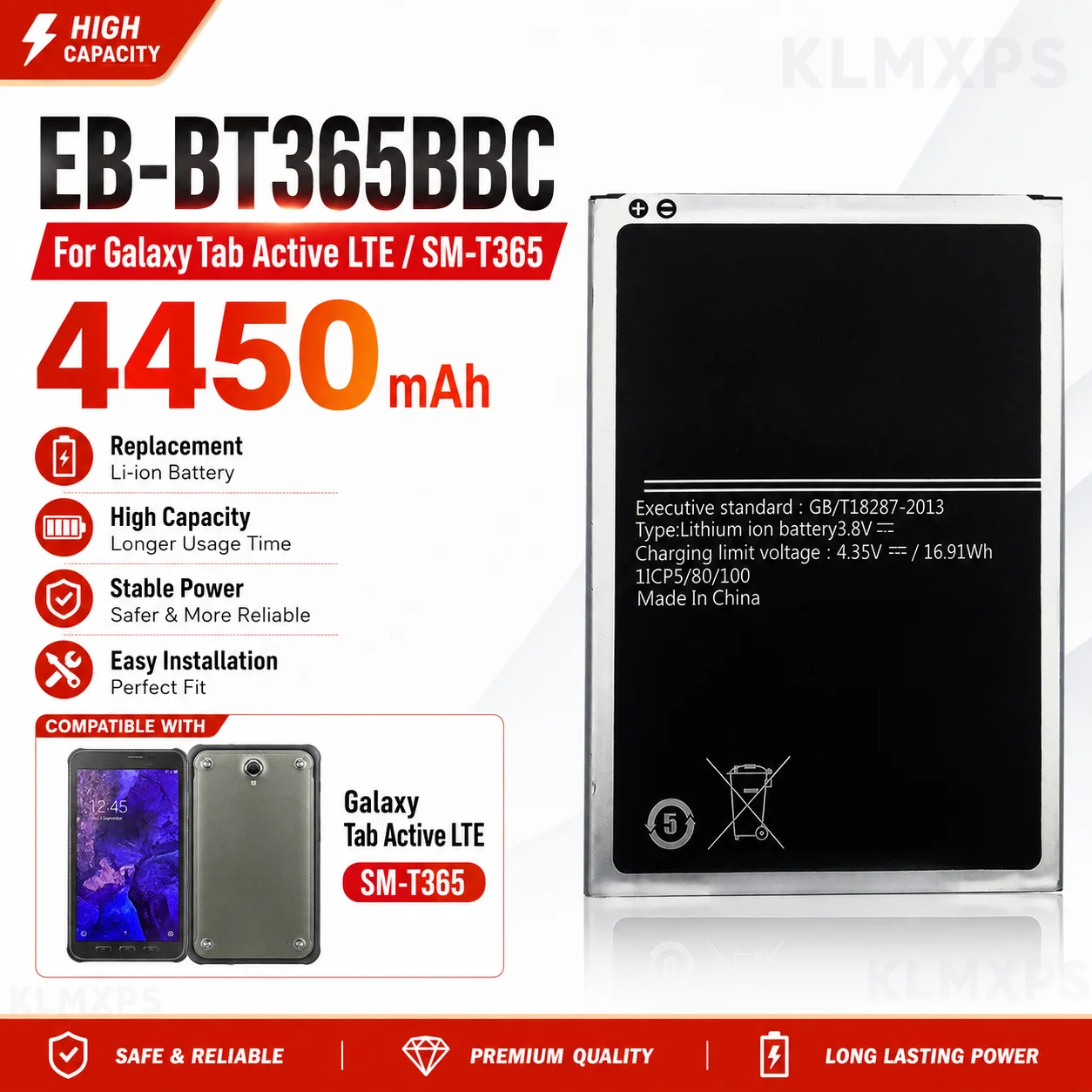 For Samsung Tab Active 2 Battery 4450mAh EB-BT365BBC EB-BT365BBE Fit SM-T360 SM-T395N SM-T365F0