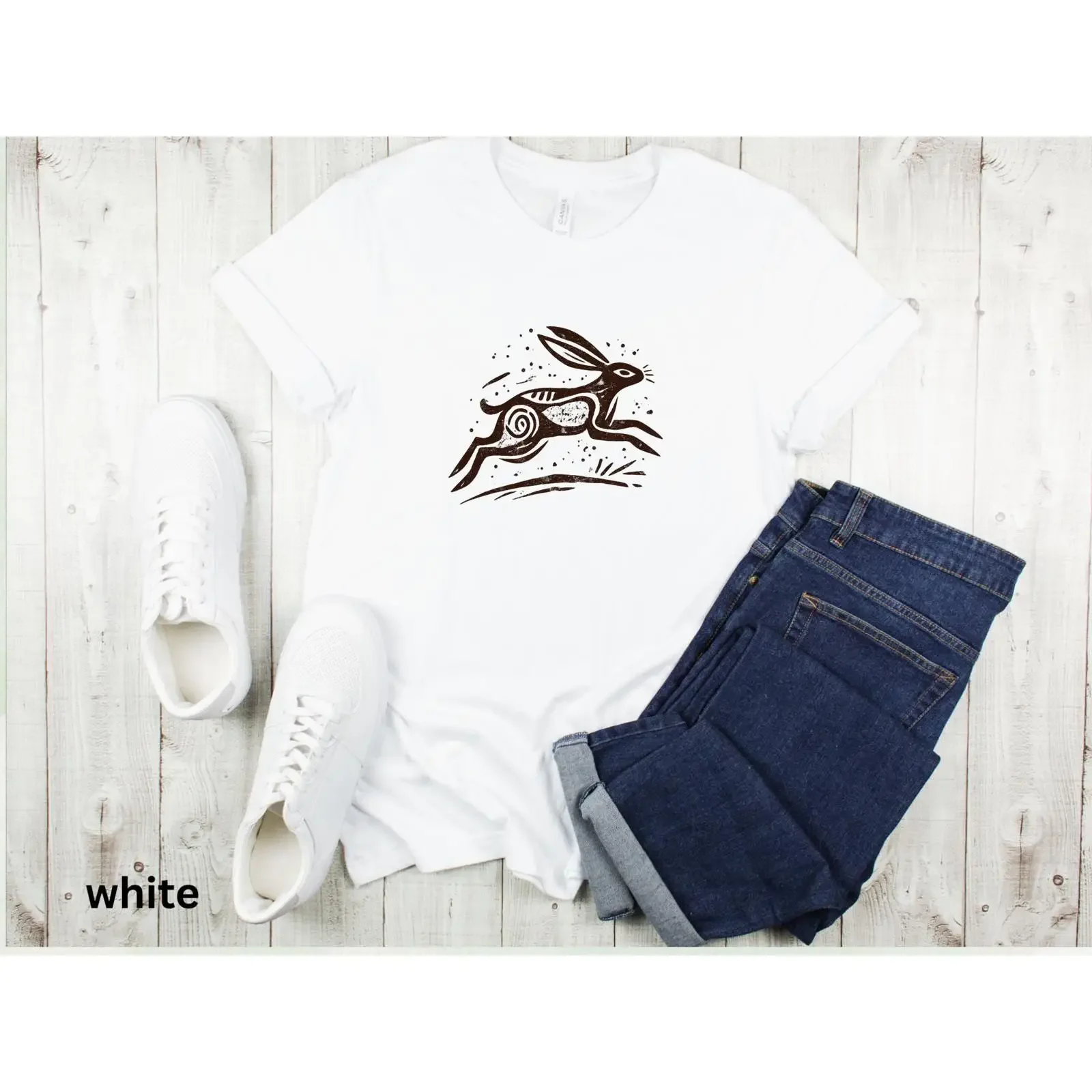 Retro Running RabbiT T Shirt Boho Hare Woodland Animal Rustic Folk Art Bunny Cottagecore Nature  vintage Washed homme