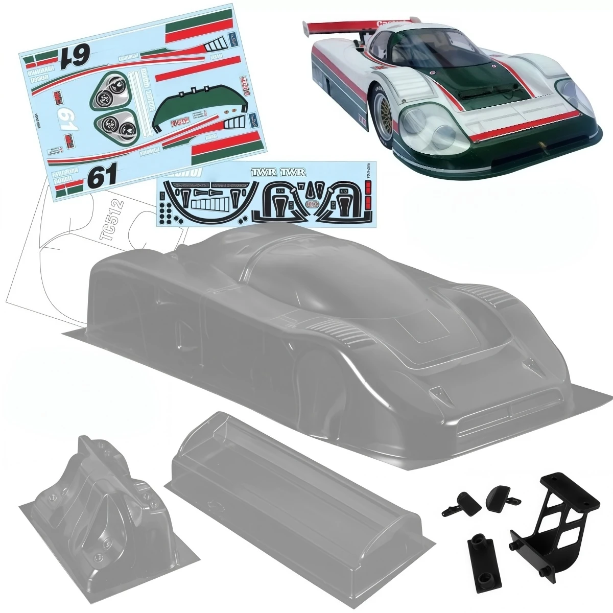 1/10 XJR12 Clear Body Shell 190mm Width 258mm Wheelbase RC Group‑C Le‑Mans Car Body with Rear Wing Light Buckles and Decals