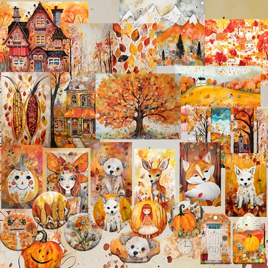 JAIIMAN70pcs Card and Sticker set Autumn for Fall Season, with Pumpkin, Feild Patterns for Holiday Party Flag DIY,Greeting Card