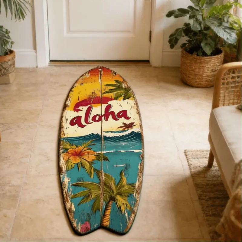VIKAMA Aloha Surfboard Shaped Doormat Vintage Tropical Palm Tree Hibiscus Non‑Slip Floor Mat for Entryway Home Decor