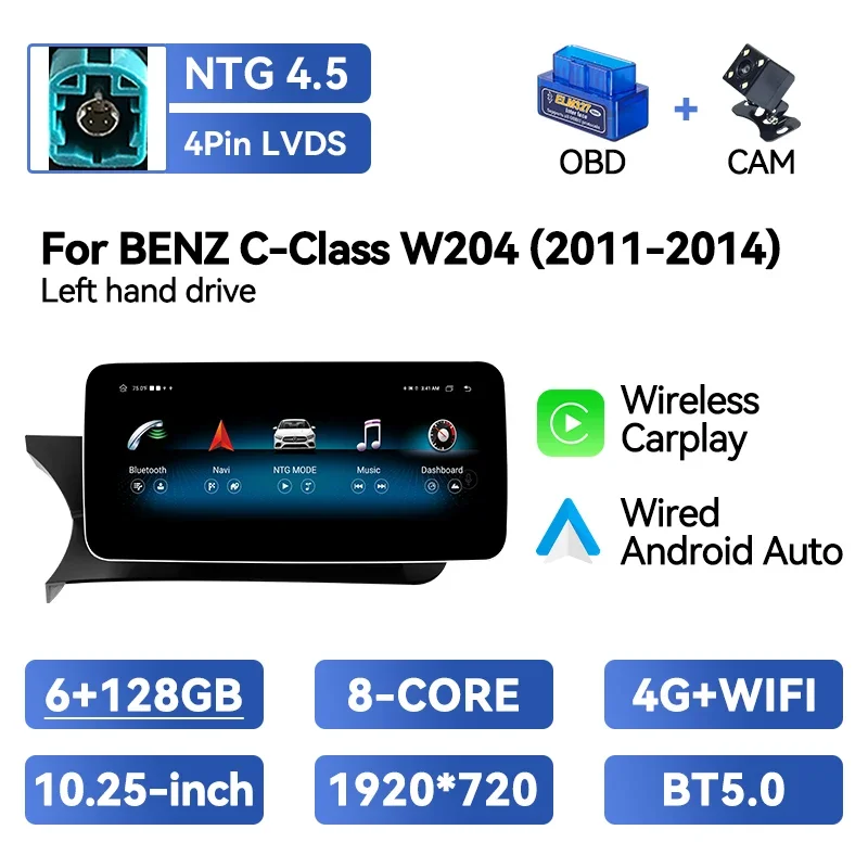 Draadloze Carplay Autoradio Voor Mercedes Benz C-Klasse W204 2011-2014 Android Multimedia 6G + 128G 8Core 10.25 "IPS Scherm 4G WIFI