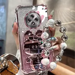 Reno12F Airbag Glitter Mirror Rabbit Phone Holder Case On For Oppo Reno 10 11 11F 12 12F 5G Pro Anti-knock Stand Back Cover