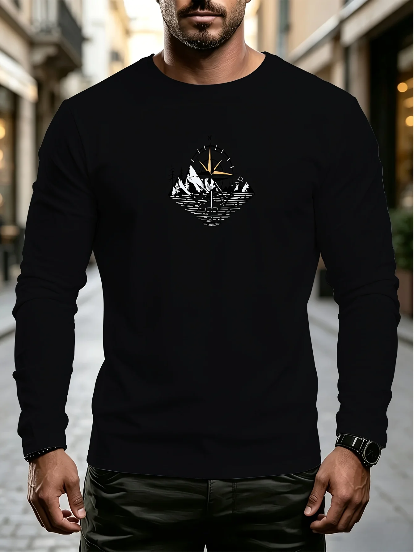 Mens 100 Pure Cotton Long Sleeve T Shirt Pattern Print Crew Neck Standard Size Machine Washable Comfortable Fashio