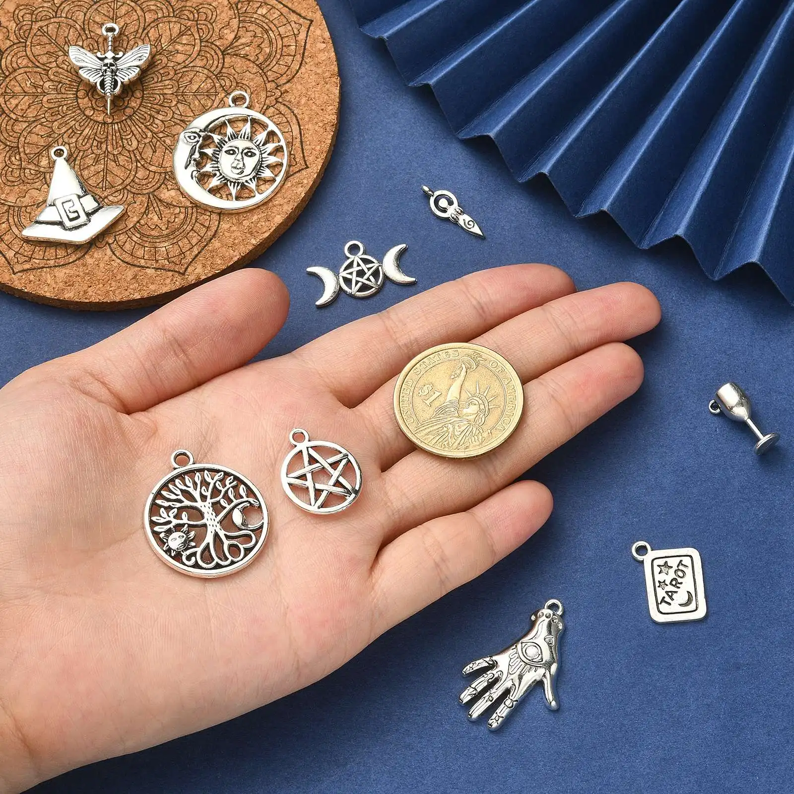 Pandahall 100Pcs 10 Styles Tibetan Religious Charms Wizardry Worshippers Theme Charms Tarot Card Charms for Jewelry Making DIY