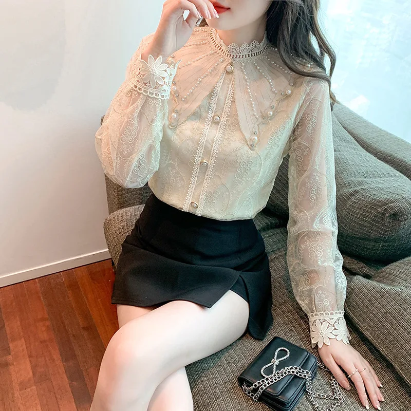 #2582 Vintage Lace Blouse Women Ruffles Collar Split Joint Buttons Chiffon Womens Tops And Blouses Long Sleeve France Style