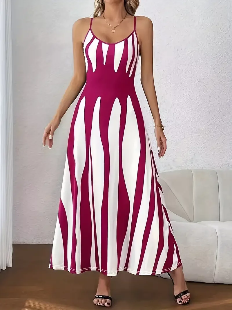 Sommer 2025, neues lässiges, ärmelloses langes Kleid mit V-Ausschnitt, europäischer Stil, bedruckt, trägerloses Kleid, elegantes Damen-Maxikleid