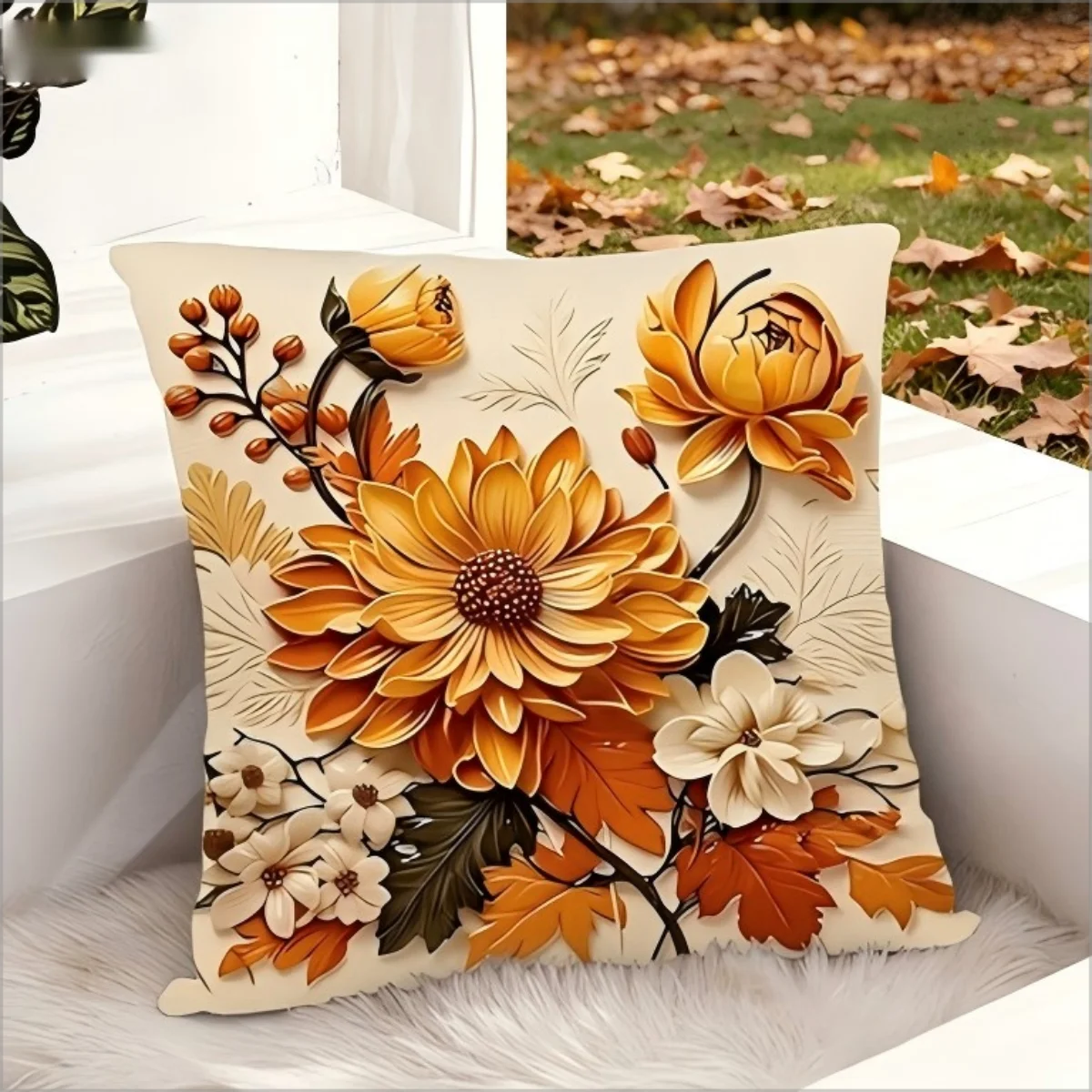 Fall Floral 2D Effect Throw Pillow Cover Autumn Flower & Maple Leaf Decorative Pillow Case for Home Decor