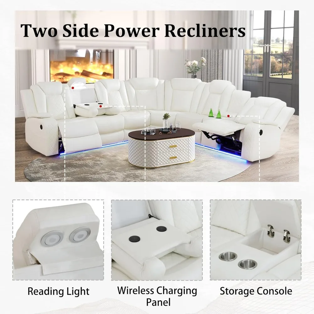 Leather Power Recliner Sectional Sofa with LED, Breathing Leather Sofa Couch with USB Port&Cup Holder, reclining sofas