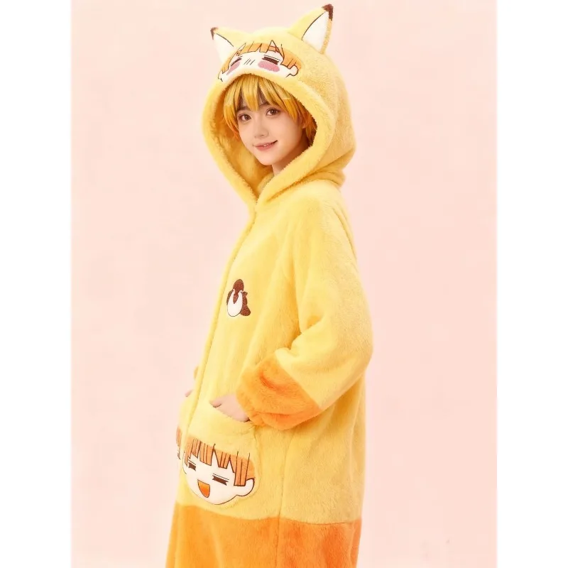 Anime Demon Slayer Agatsuma Zenitsu lindo patrón creativo de dibujos animados engrosado cálido suelto cómodo conjunto de albornoz de lana coral