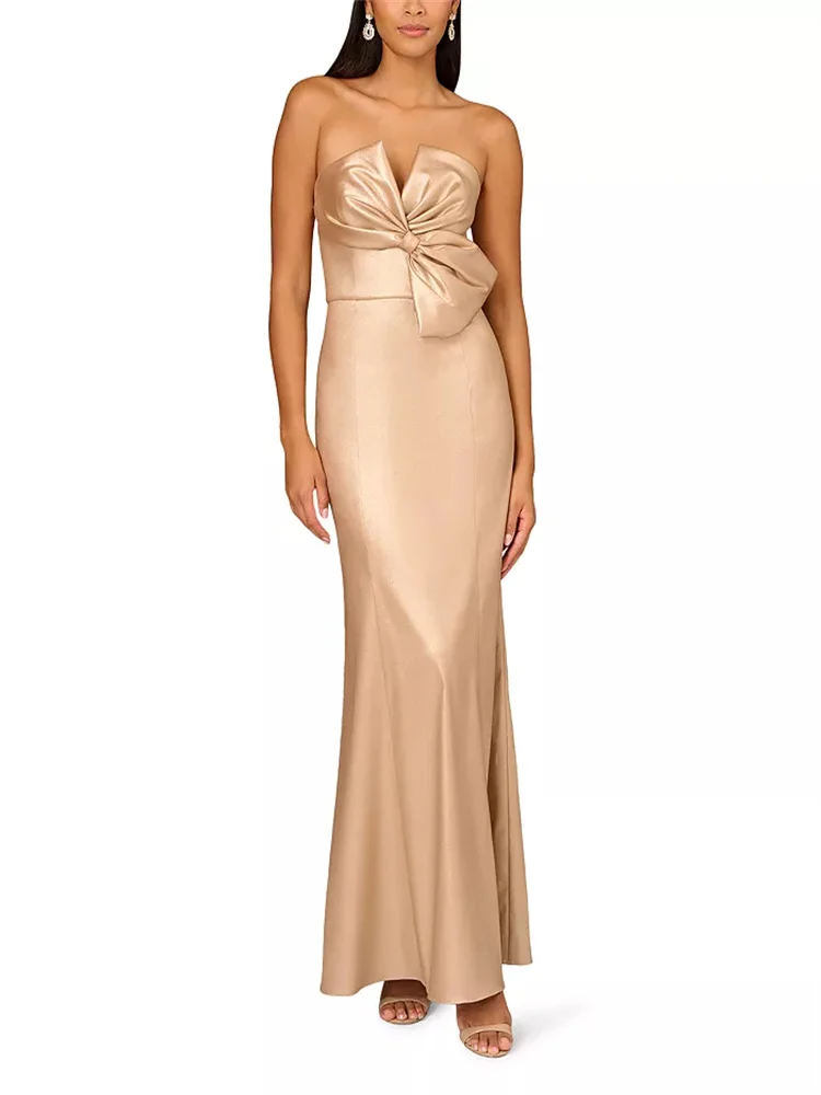 Customized Exquisite Bow-knot Draped Evening Dress, Sleeveless V-neck Fishtail Dress With Twisted Bow Decoration On The Chest