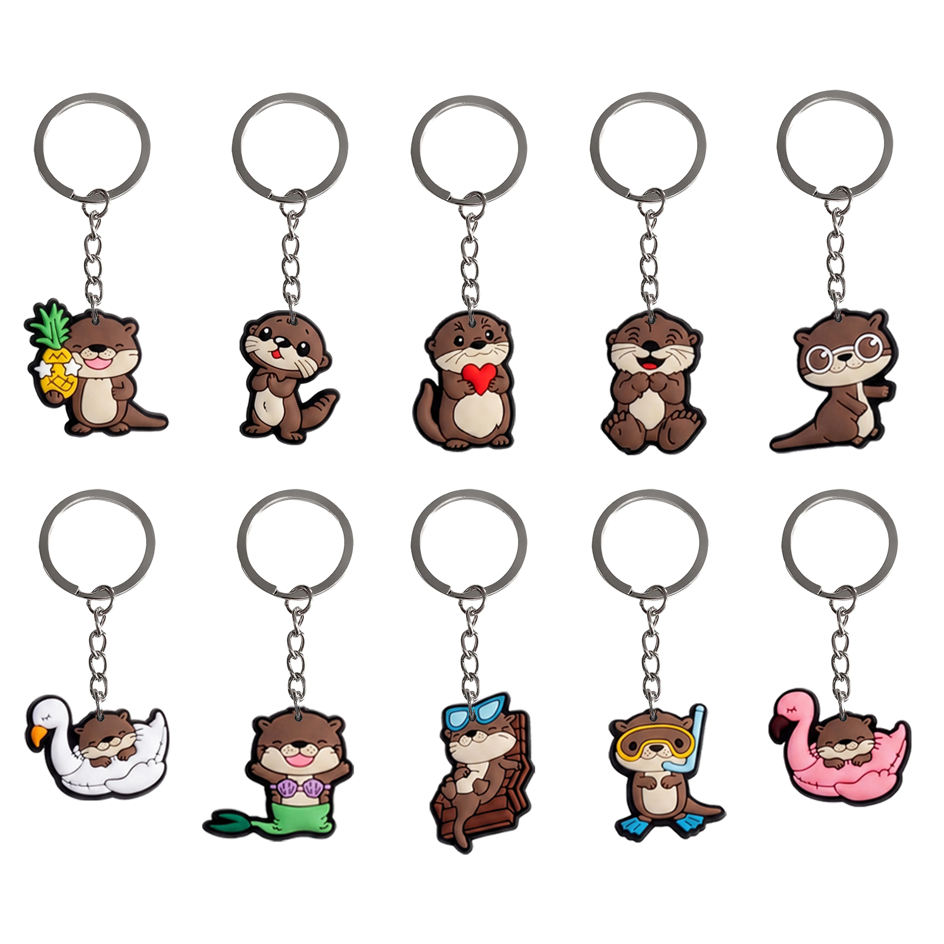 1-14Pcs Diving Otter PVC Bag Hanging Pendant Charms Mustelidae Animal Keyrings Adult Key Chains Decorations