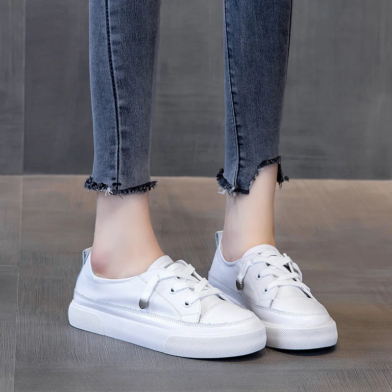 CXJYWMJL Genuine Leather Casual Sneakers for Women Plus Size Vulcanized Shoes Spring Autumn Skate Shoes Ladies Sports White