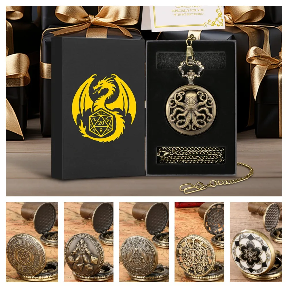 Novel Punk Metal Mini Dice Pocket Watch Case Gift Set Fob Chain Necklace Pendant Polygon Entertainment Game Dice Sets