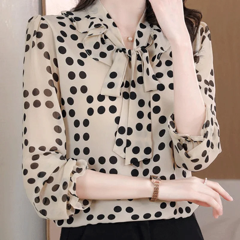 2024 New Summer Korean Style Elegant Fashion Loose Casual Office Lady Women\'s Shirt Chiffon V Neck Long Sleeve Polka Dot Tops