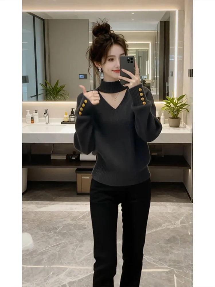 

ay f High Collar Sweater Women's Sle 2026 New Winter Design Casual Loose Fit Long Sve Breathable V-Ne Top