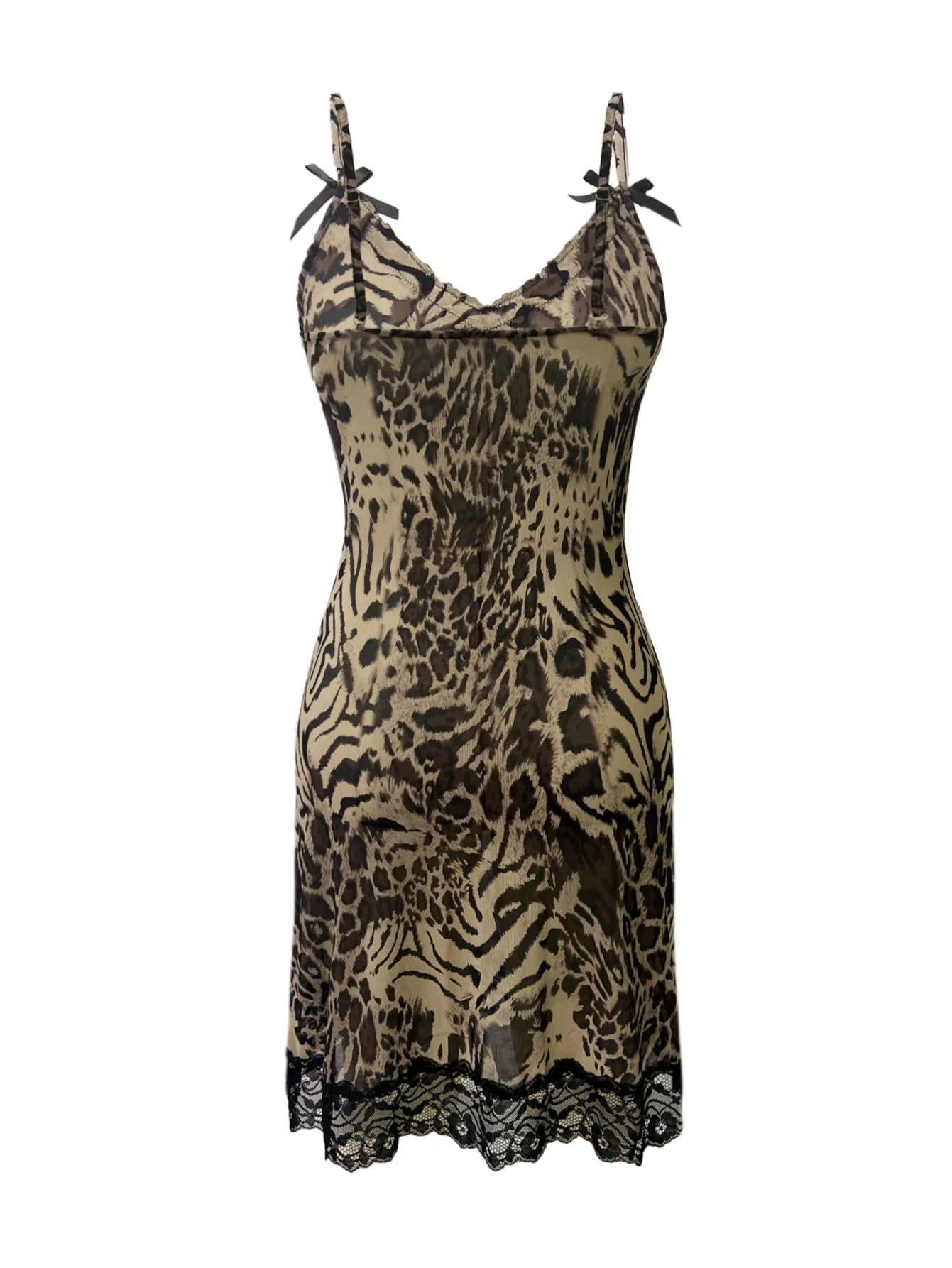 Women Leopard Print Slip Nightdress Semi Sheer No Padding V Neck Lace Trim Bow Adjustable Strap Mini Sexy Sleep Dress Ladies Int