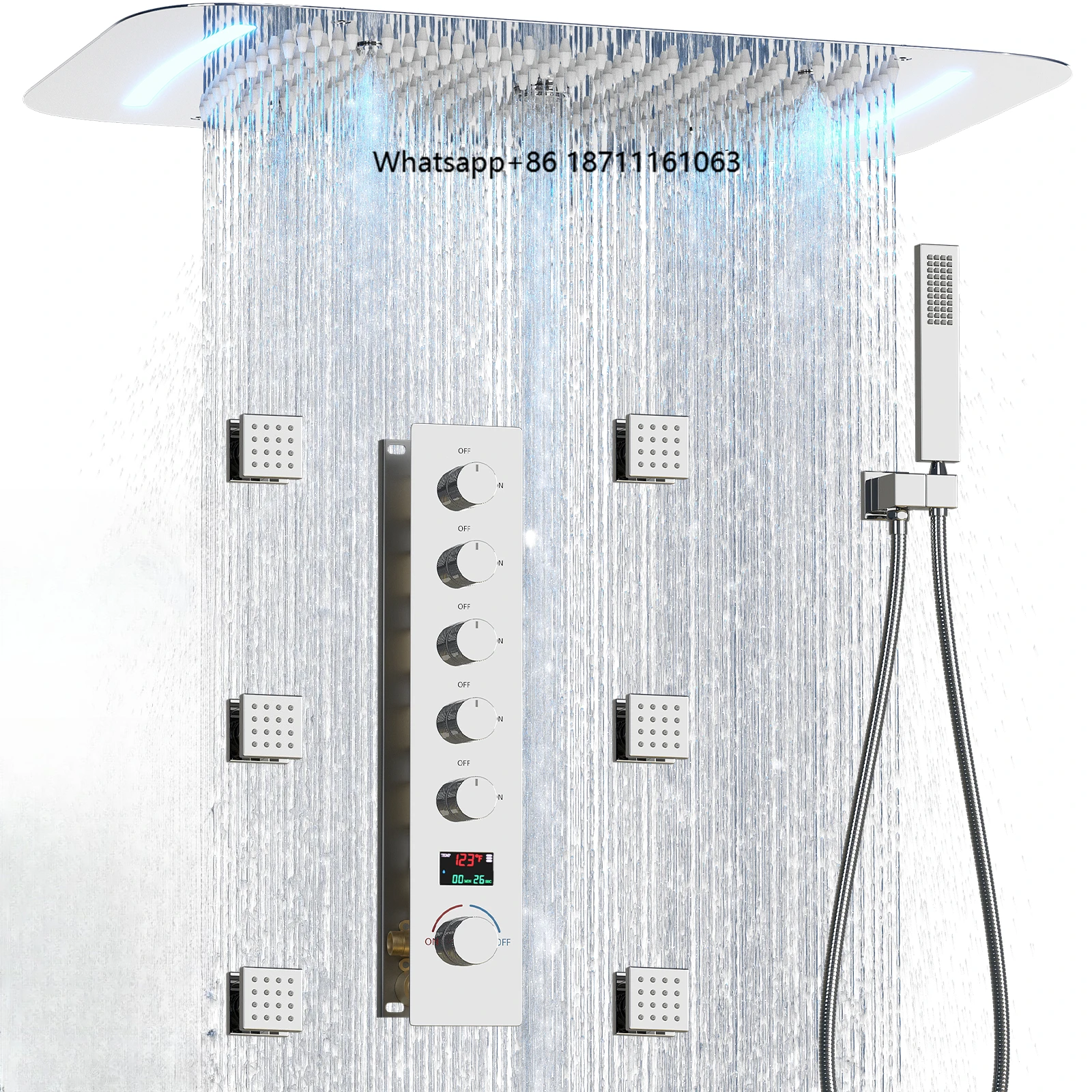Chrome Brass Shower Set Thermostatic Rainfall Full Body Shower System Temperature Display Shower Faucet Set for Villa Apartment
