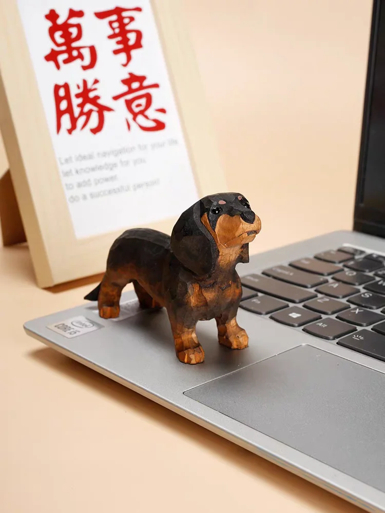 Handmade wood carving puppy ornaments desktop decoration solid wood dachshund crafts