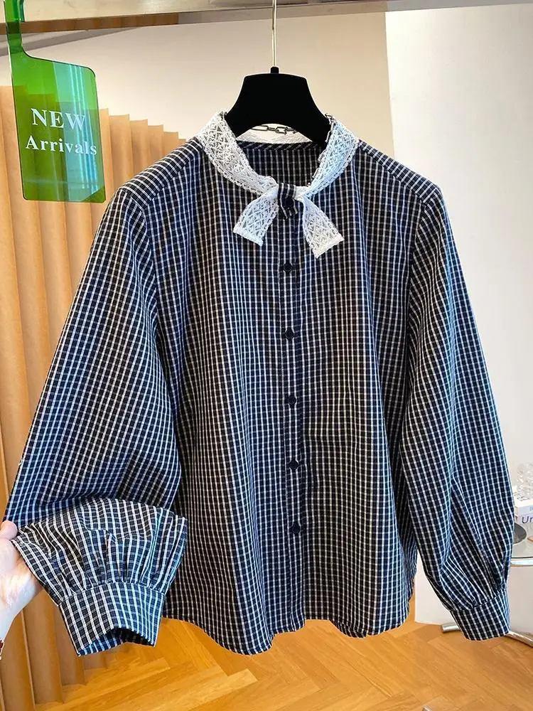 

French Style Stand Neck Plaid Shirt Long Sleeve Charming Women Shirts Gentle Retro Women Blouse