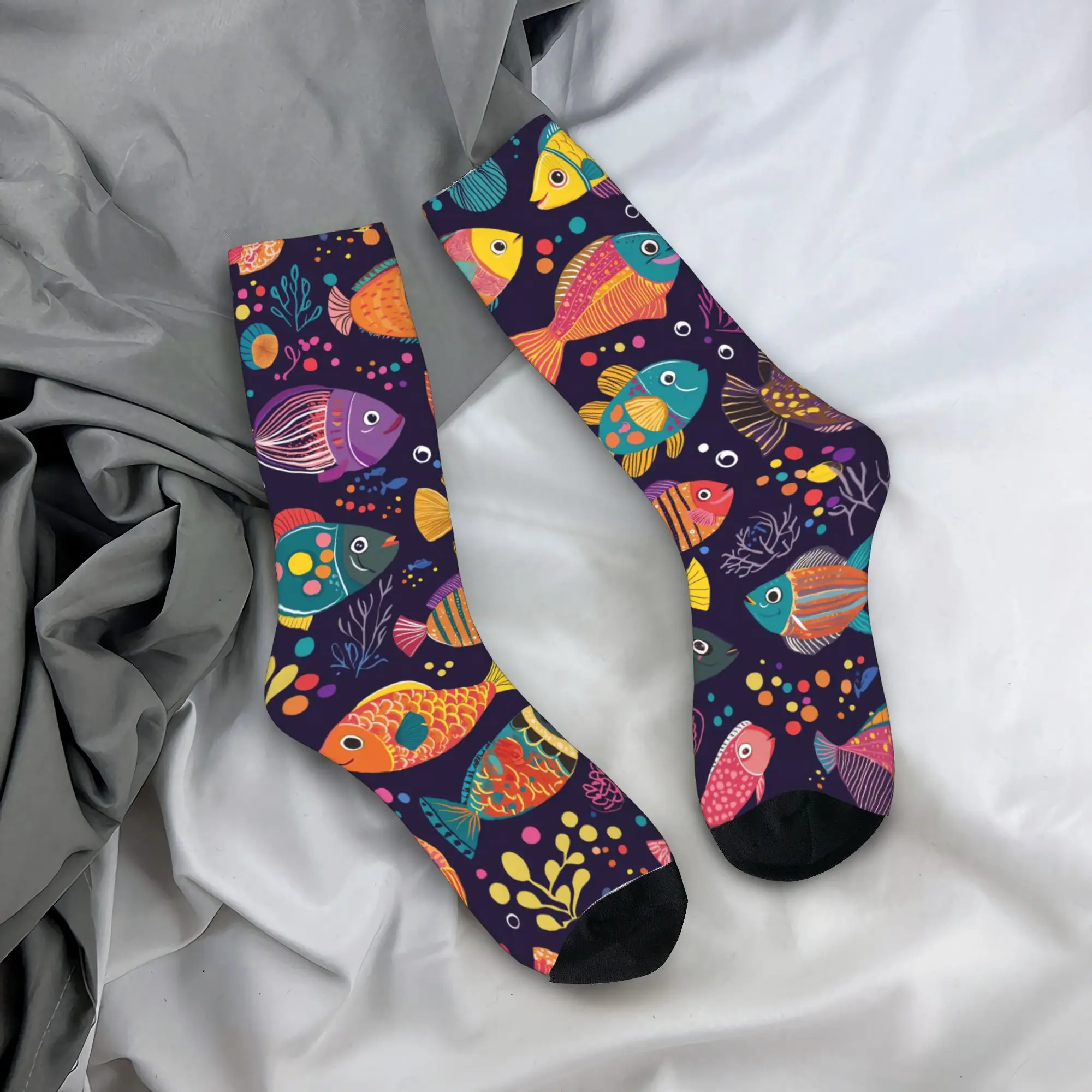 Psychedelic Colorful Tropical Fish Art Socks  Non Slip Stockings Couple Comfortable Skateboard Socks Autumn Gothic Printed Socks