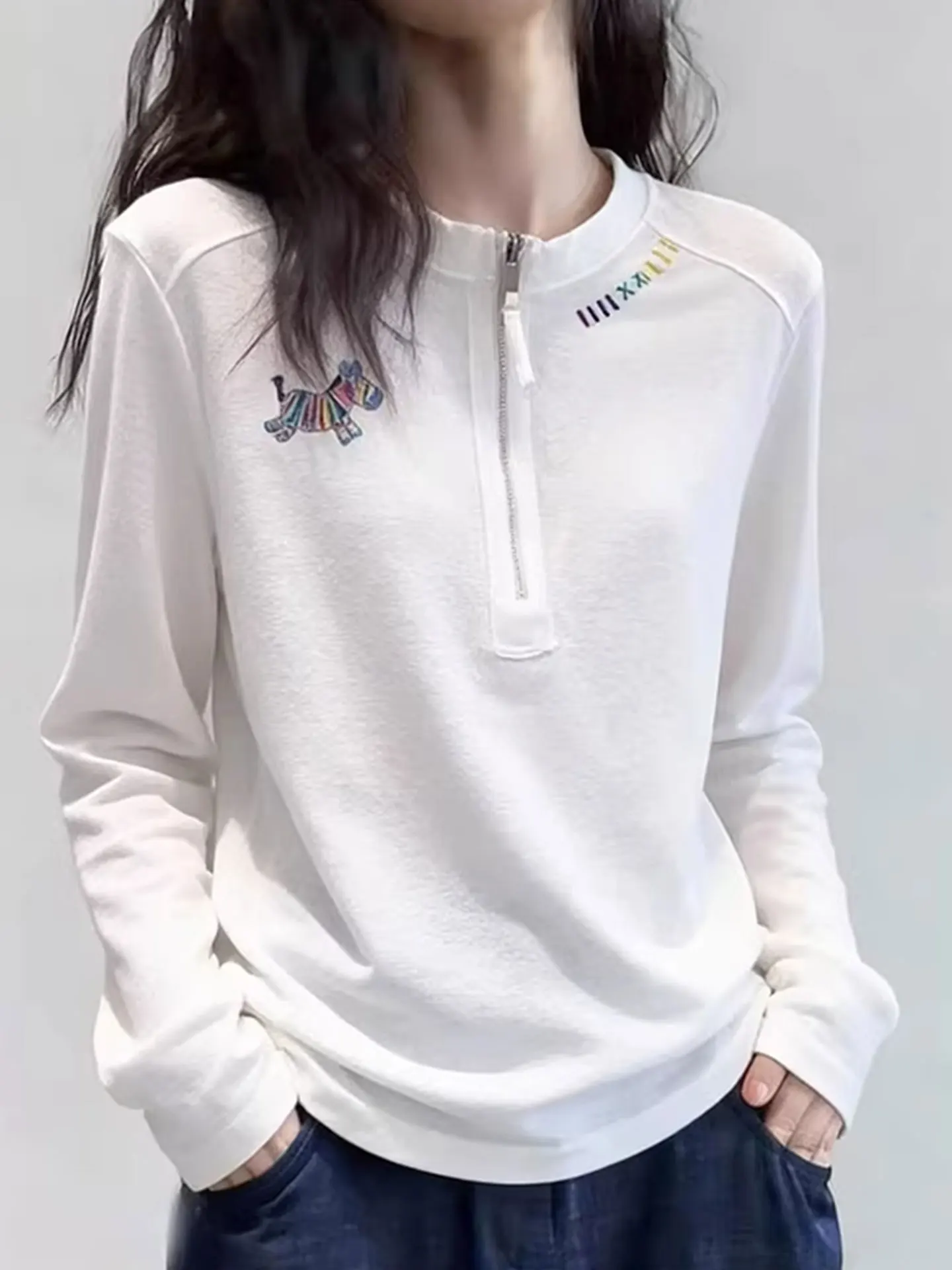 

Женская базовая футболка Ele Long Sve с молнией, универсальная, весна 2026, для повседневной носки, корейский прямой крой, из смесового шелка