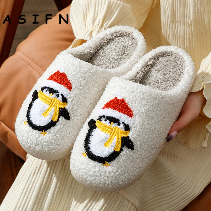 Winter Penguin Christmas Home Women\'s Slippers Cotton Cute Soft Comfortable Flat Slip-on Merry Christmas Bedroom Shoes for Gift