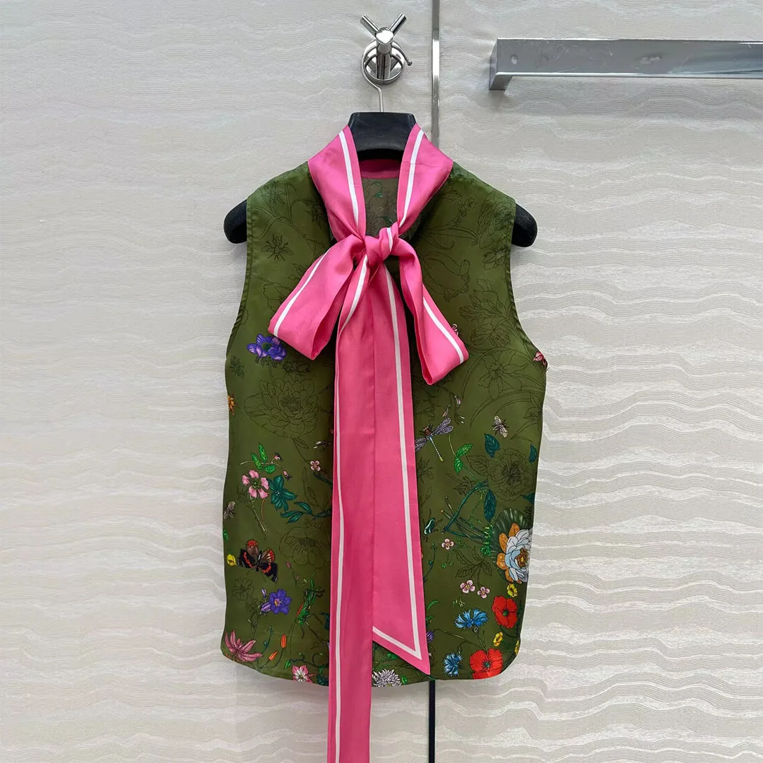 Vintage verde militar estampado Floral 100% sarga de seda camiseta sin mangas mujeres con cordones cuello de lazo sin mangas dulce blusa suelta chaleco de verano