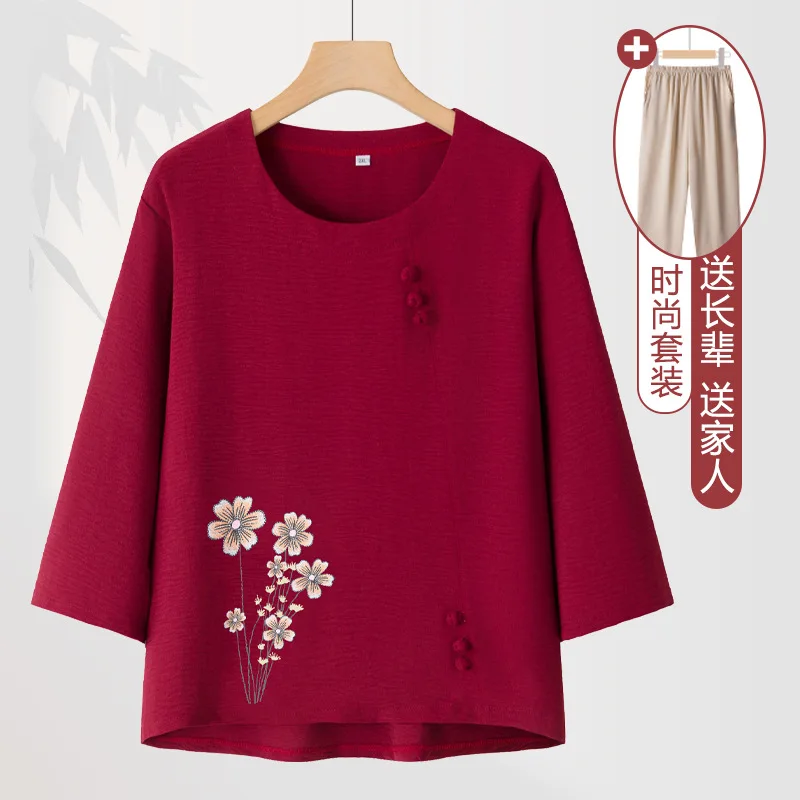 

Women's Pajamas Set Vintage Style Cotton Sleepwear Clothing Spring Autumn Mother Outfit Lounge Home Wear Two Pieces Suit 4XL