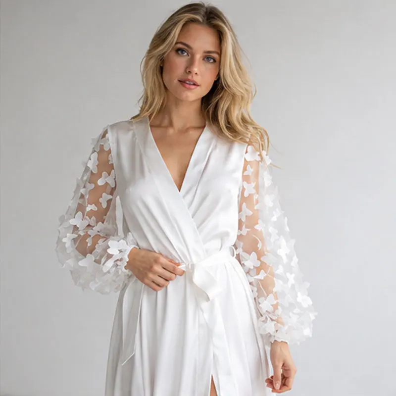 Luxurious Long Silk Wedding Robe Bridal Satin Kimono with Butterfly Sleeves Bridal Boudoir Robe Offers Comfort and Lightne Robes