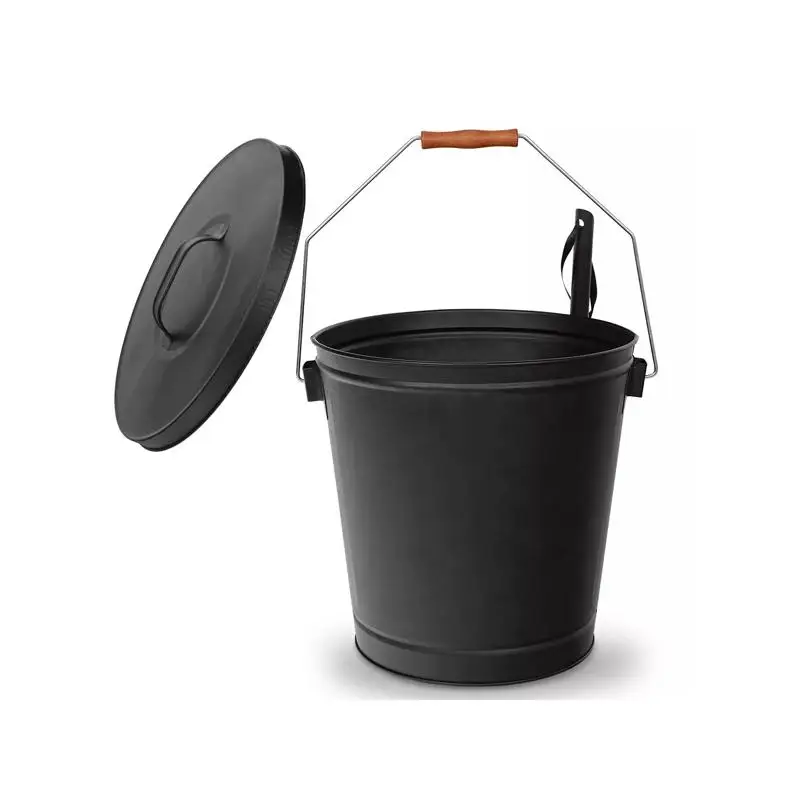 دلو رماد معدني أسود سعة 5 جالون مع غطاء مجرفة ومقبض لحفرة النار وموقد الخشب واستخدام الموقد #5
