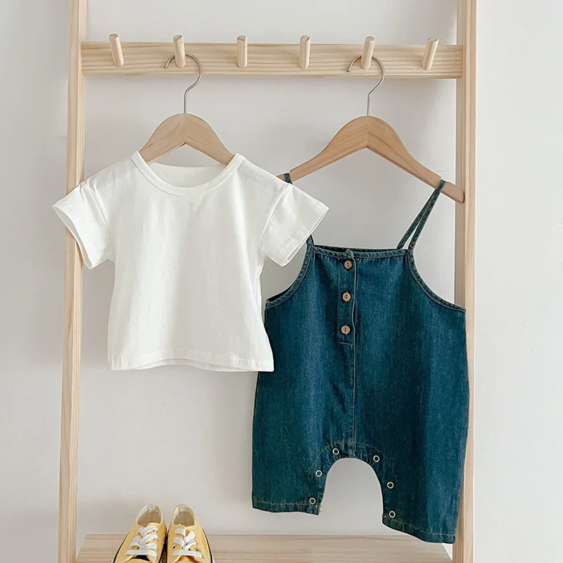 Sommer Baby Junge Mädchen Strampler Denim Baby Junge Mädchen Strampler Cowboy Ärmellose Overall Kleinkind Blau Junge Casual Kostüm Baby Strampler