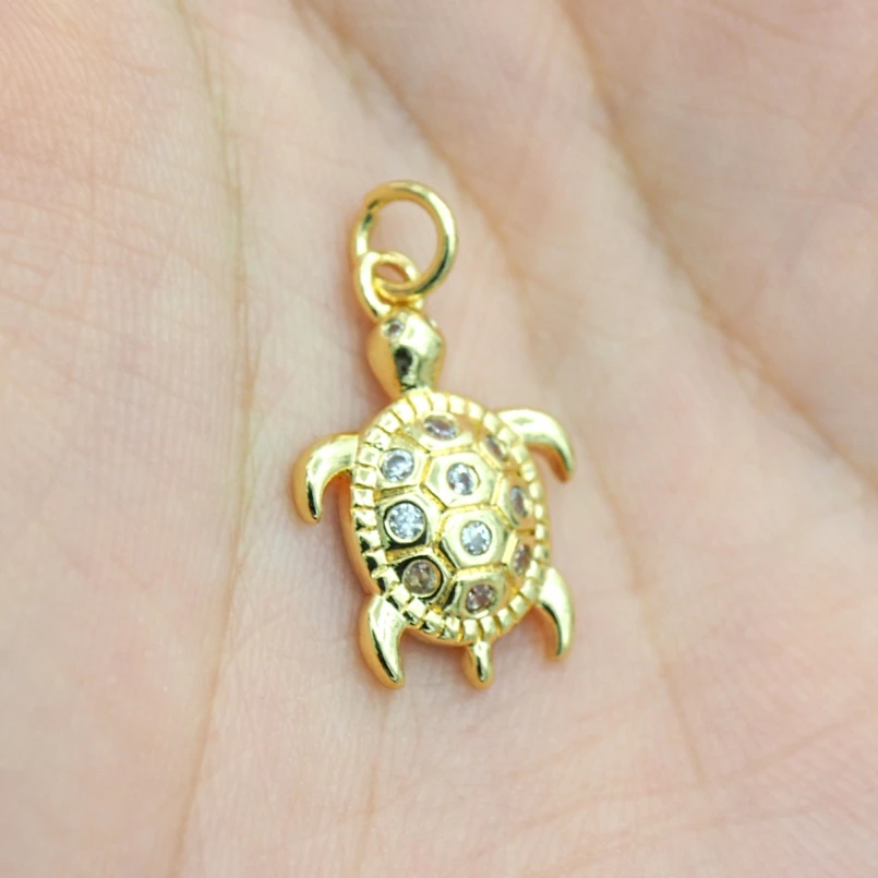 10Pcs Gold Color Charms Copper Turtle Pendant Invisible Setting Cubic Zirconia  Approx 12.5x21.4mm Jewelry Special Gift