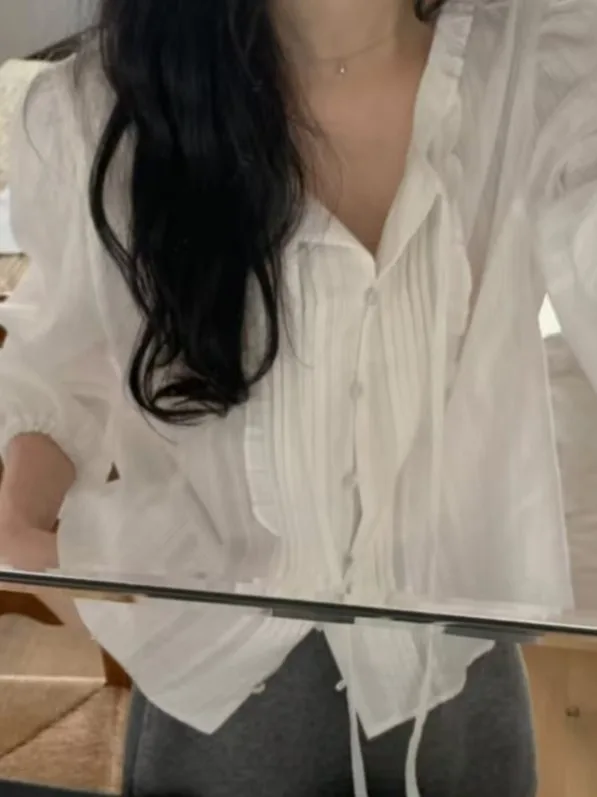 

Sweet Fene с кружевным воротником на пуговицах, длинный све, женский белый цвет, ранняя осень, нежный плиссированный свободный крой, корейский Sle