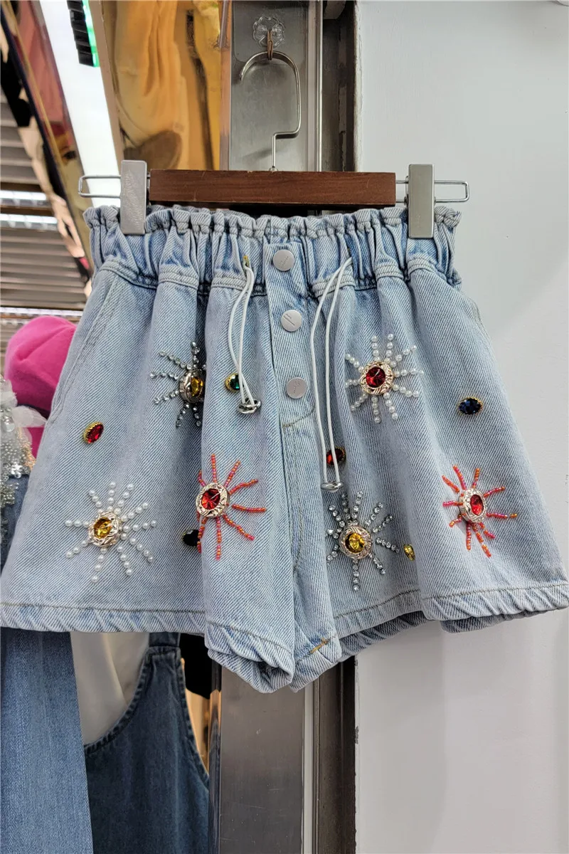 Heavy Industry Color Beads Rhinestones Denim Shorts High Waist Slimming Wide-Leg Shorts 2023 Spring Summer New Short Pants Women