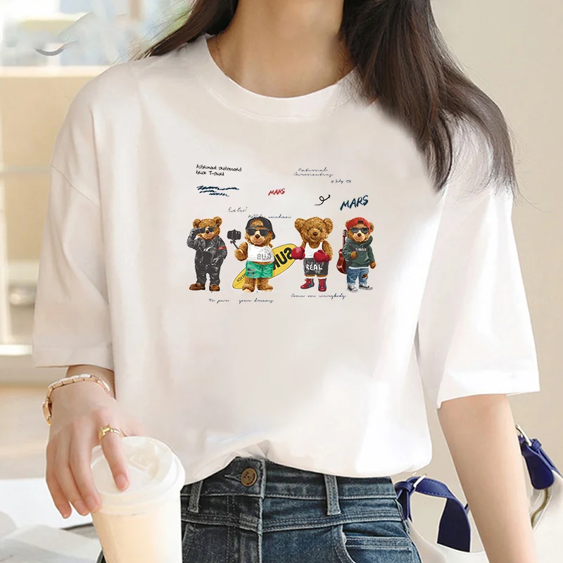 Cotton 2024 Summer Cute Bear Short Sleeve T-shirt Women's Street Vintage Sweet Half Sleeve Student Top in y2k Top T-shirt