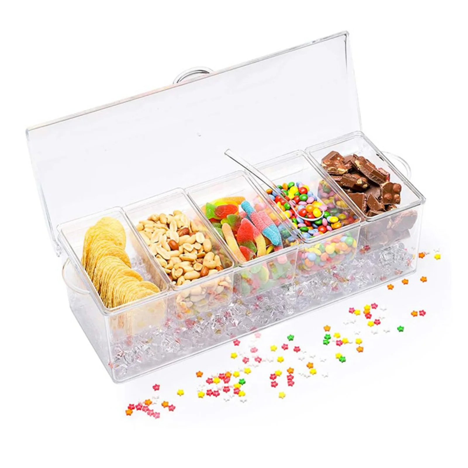 Chilled Condiment Server Tray Bar Fruit Caddy with Lid 4/5 Removable Compartments Clear Ice Condiment Serving Tray for Party
