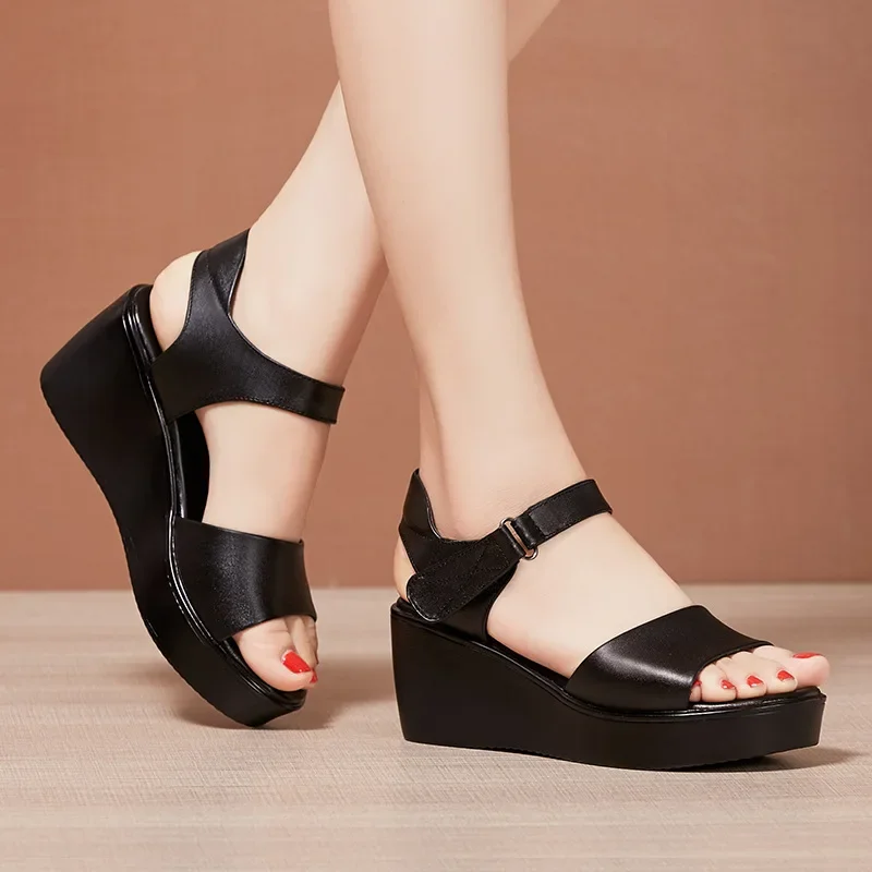 Small Size 32-43 Summer Platform Wedges Sandals Women 2024 Casual Soft Leather Shoes High Heels Sandals for Office Mom Beach
