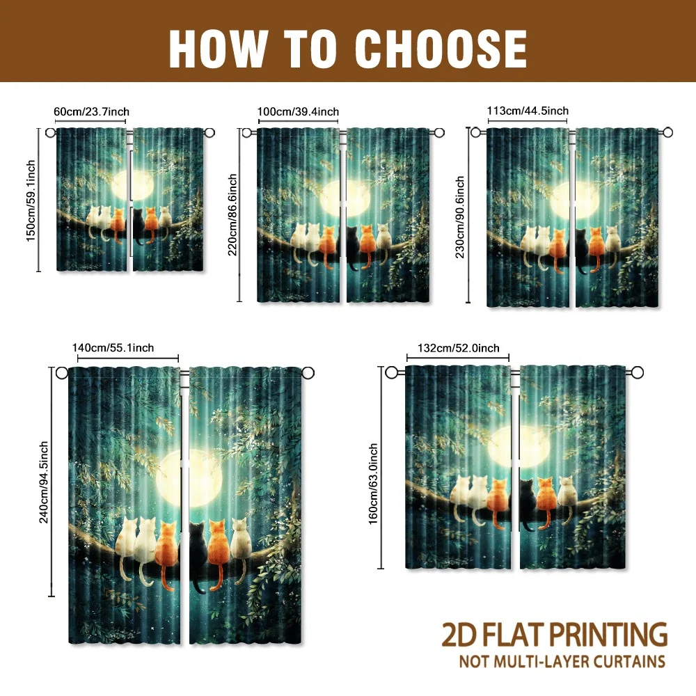 cat-themed curtains featuring the full moon pattern, with pole-style design, are suitable for living rooms bedrooms study rooms