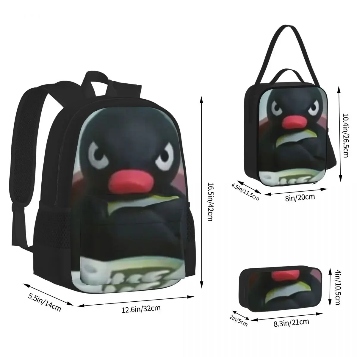 Pingu The Penguin Angry - Noot Noot Backpacks Bookbag Students School Bags Kids Rucksack Lunch Bag Pen Bag Three-Piece Set