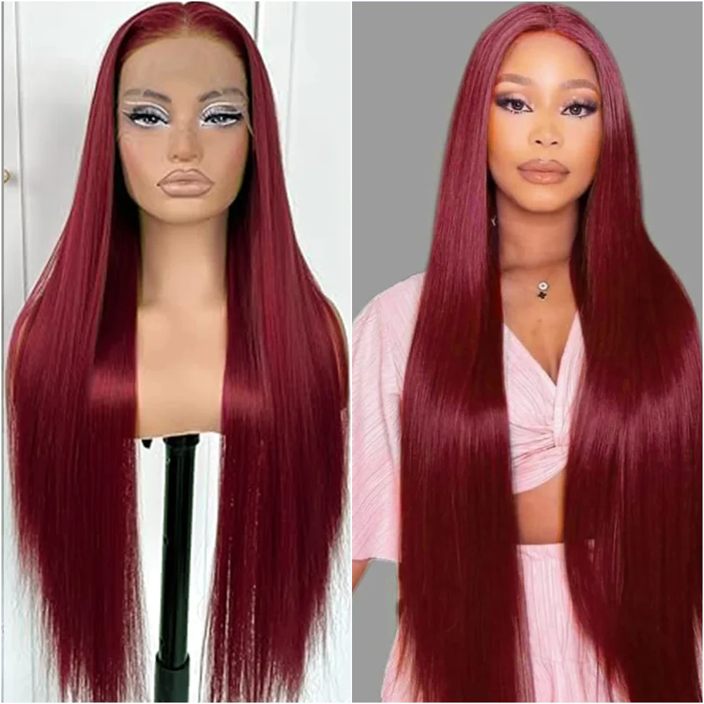 38インチ 99j バーガンディ レースフロント 人毛ウィッグ 13x6 ボーンストレート HDレースフロントウィッグ 密度200% カラー済み 生え際処理済みレースウィッグ