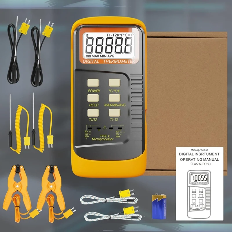 Handheld Thermocouple Thermometer,2 Channels K Type Thermocouple Probe 4 Thermocouples,Measuring Range -50°C To 1370°C