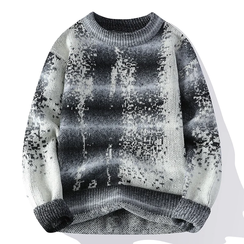 Fall Winter Pullover Knit Sweater Men Knitwear Harajuku Street Gradient New Tie-dye Knit Top Loose Fit Casual Round Neck Sweater